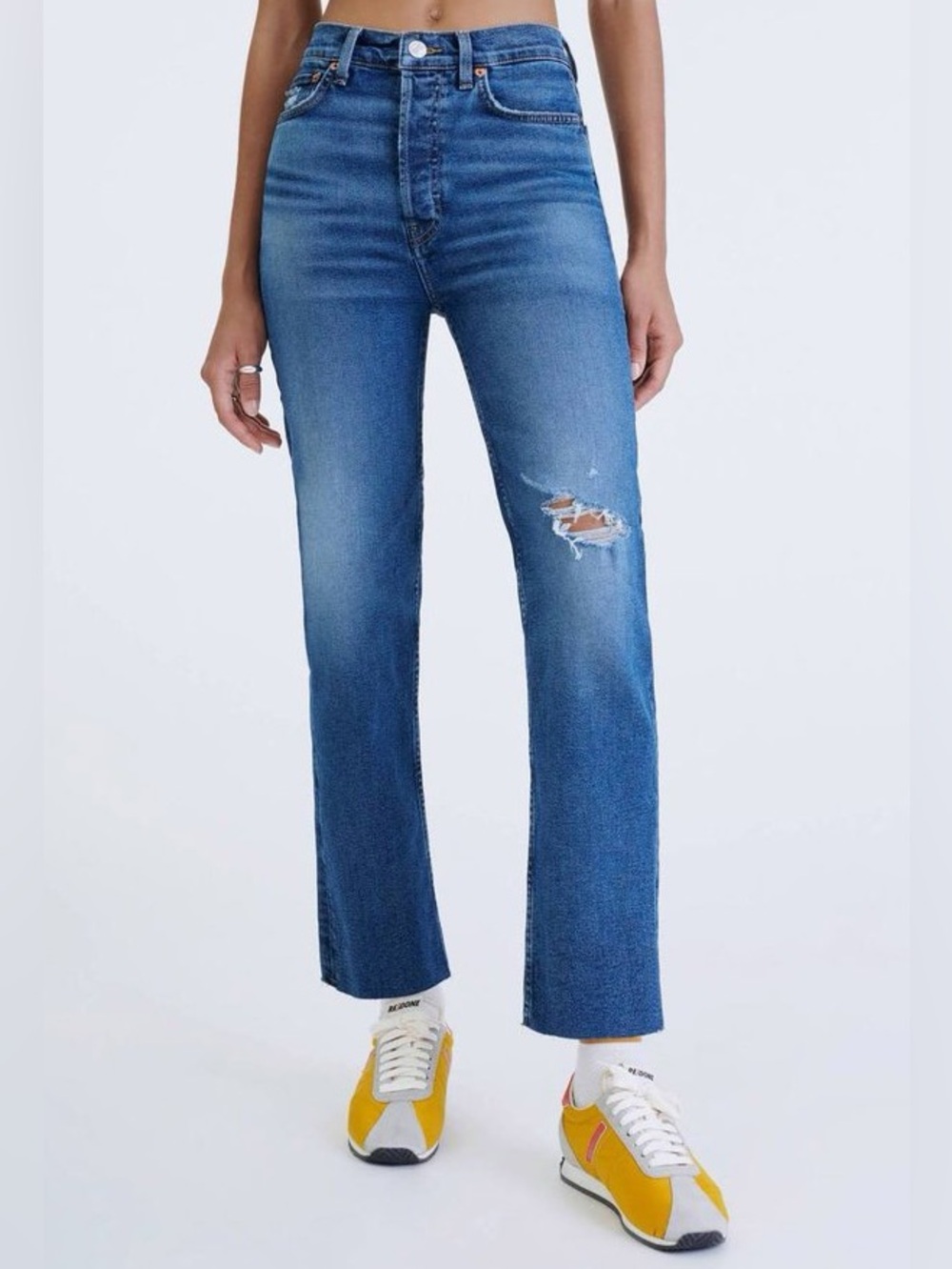 RE/DONE High Rise Stove Pipe Jeans Sz 24 (12.5”W) Worn True Indigo EUC